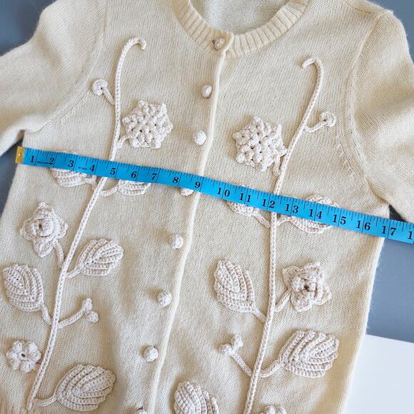 Tory Burch Wool Alpaca Cardigan With Embroidered Florals, Beige Cream, Size XS - Picture 6 of 12
